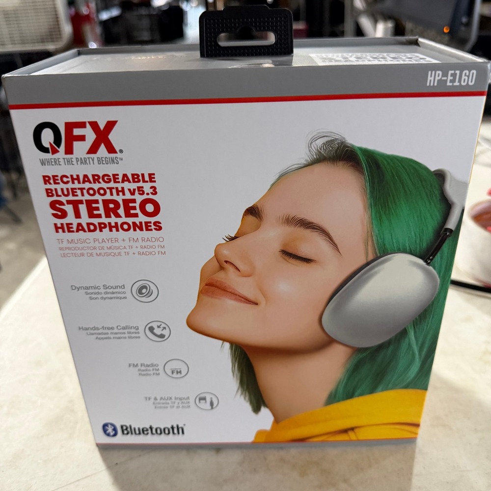 QFX HP-E160 Rechargeable Bluetooth v5.3 Stereo Headphones FM Radio Grey